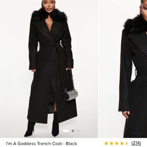 Black Trench Coat with Faux Fur Collar
